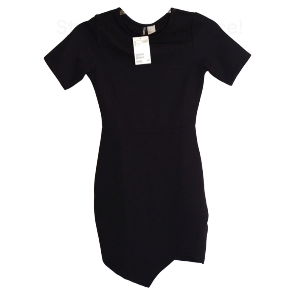 H&M Woman Size 2 Black Stretch Bodycon‎ Dress Round Neck Short Sleeves